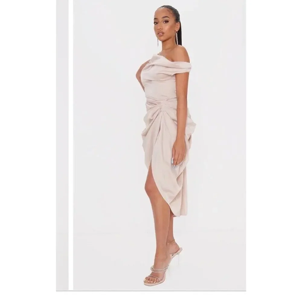 Pretty Little Thing Satin Off The Shoulder Draped Dress Nwt 78$ formal 10 fall - Picture 2 of 11